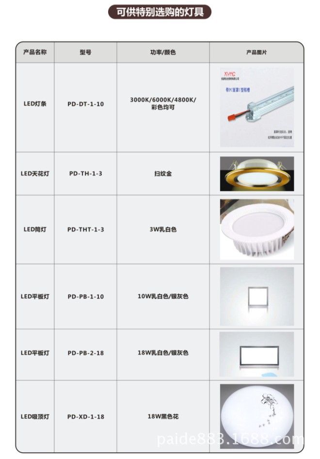 可选购的灯具